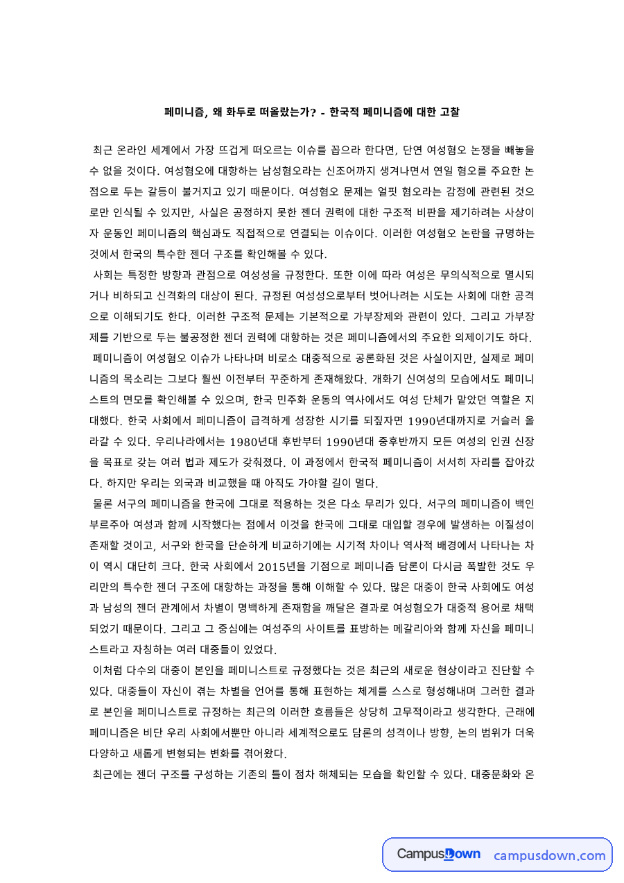 여성학 과제 – 한국적 페미니즘과 여성혐오 논쟁 자료의 첫 페이지 미리보기