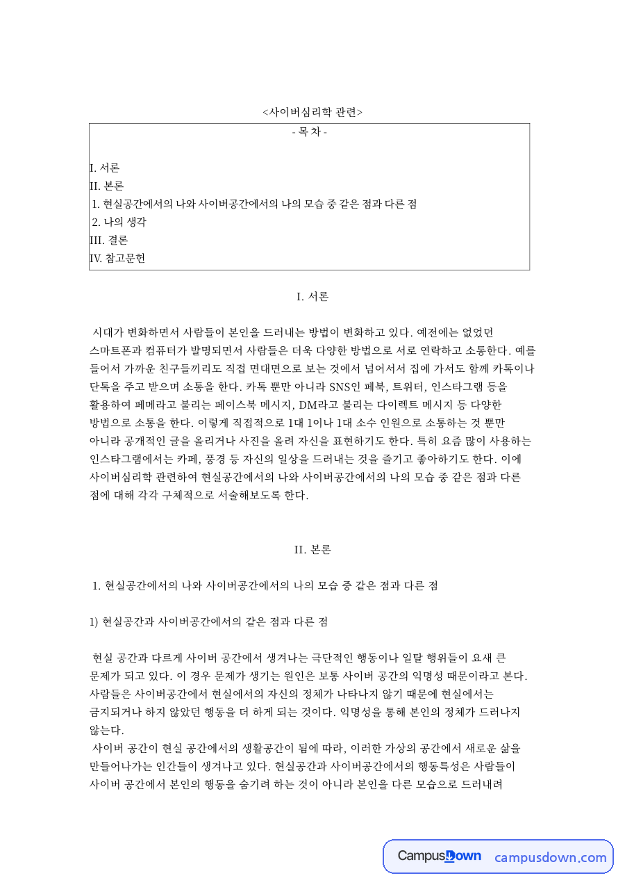 사이버공간과 현실, 정체성 관련 핵심 내용 요약 정리 자료의 첫 페이지 미리보기