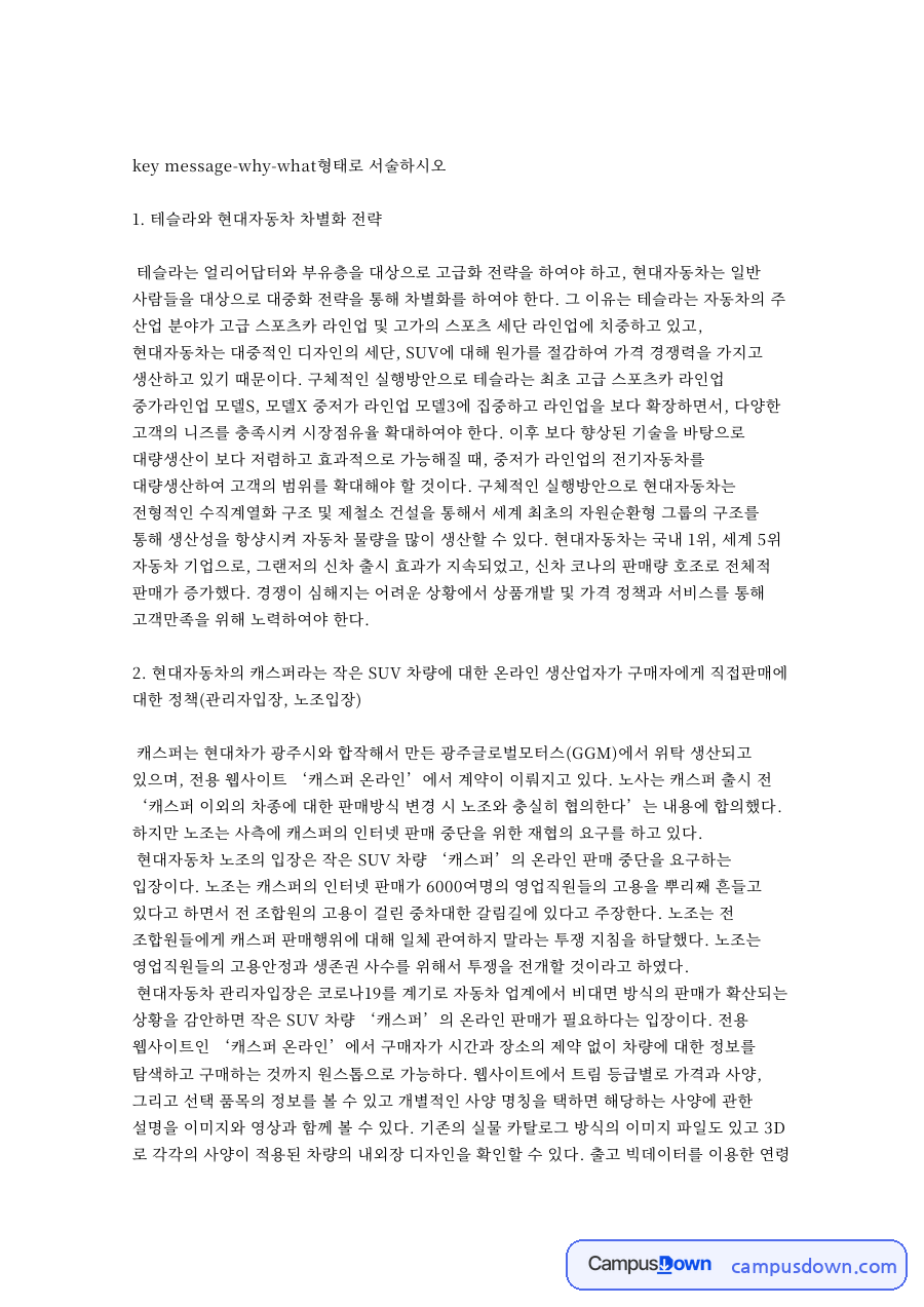 테슬라 현대자동차 차별화, 캐스퍼 온라인 판매 노조 쟁점 자료의 첫 페이지 미리보기