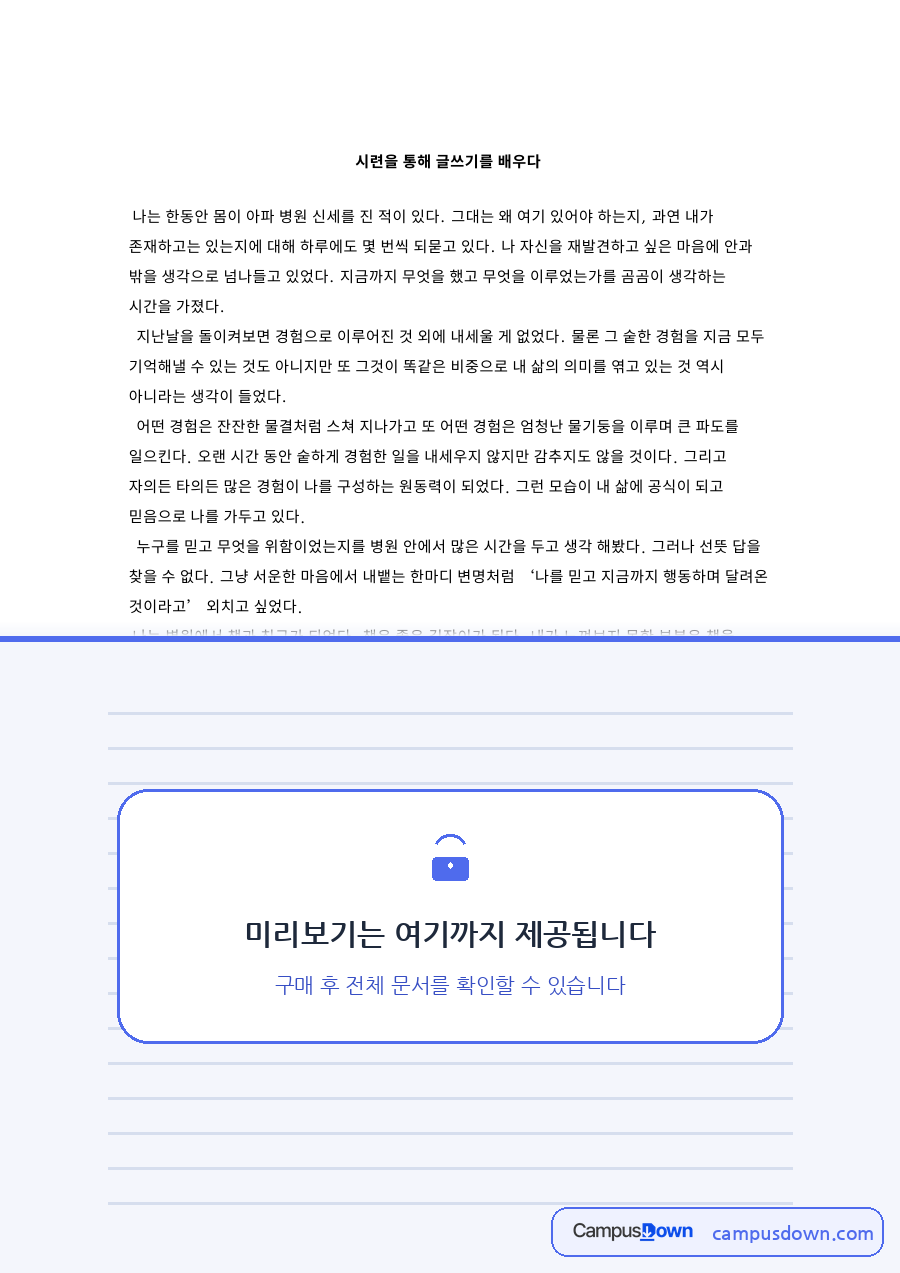 글쓰기와 경험, 병원 관련 핵심 내용 요약 정리 자료의 첫 페이지 미리보기