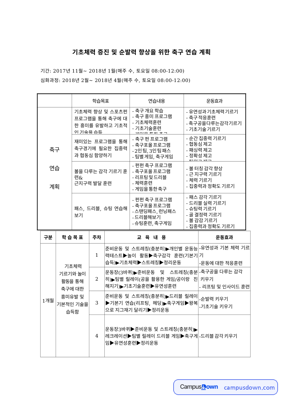 스포츠지도 과제 – 기초체력과 순발력 향상을 위한 축구 연습 계획 자료의 첫 페이지 미리보기