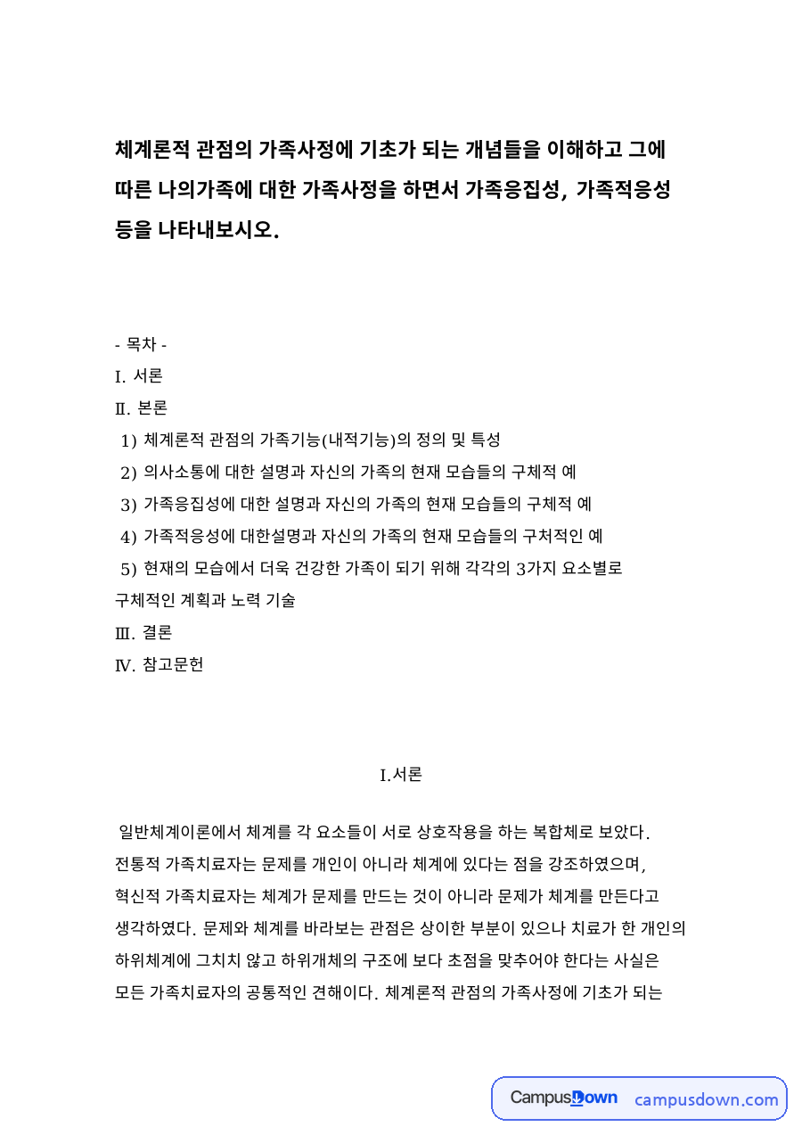 체계론적 관점의 가족기능(내적기능)의 정의 및 특성 자료의 첫 페이지 미리보기