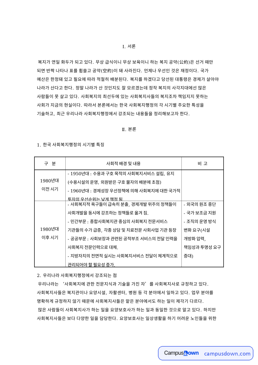 사회복지행정론 한국 사회복지행정 시기별 특징과 사회복지사 처우 자료의 첫 페이지 미리보기
