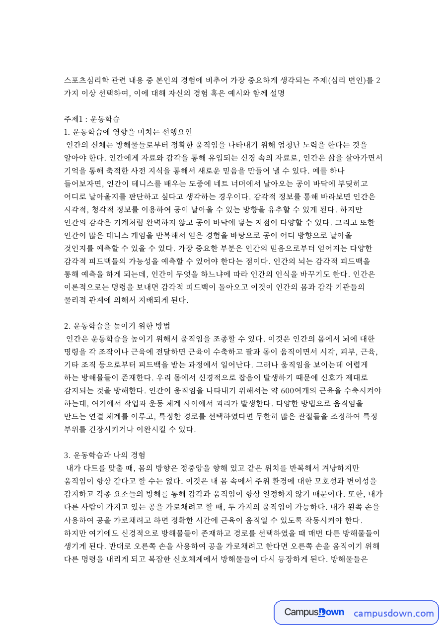 운동학습에 영향을 미치는 선행요인 핵심 내용 요약 정리 자료의 첫 페이지 미리보기
