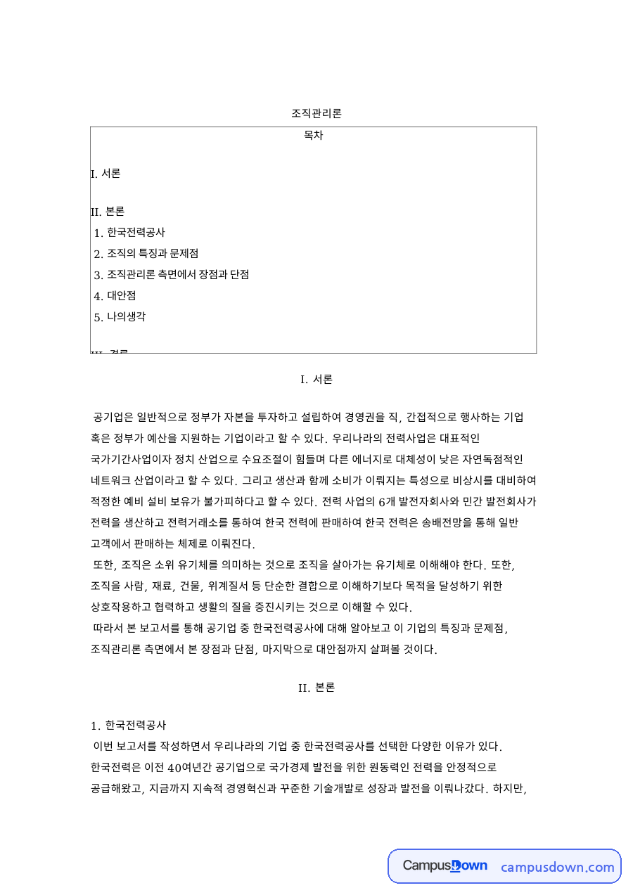 한국전력공사 조직구조 분석, 조직관리론 장단점과 대안 자료의 첫 페이지 미리보기