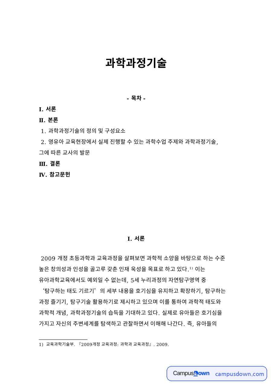 과학과정기술의 정의와 유아 과학수업 적용 및 교사 발문 정리 자료의 첫 페이지 미리보기