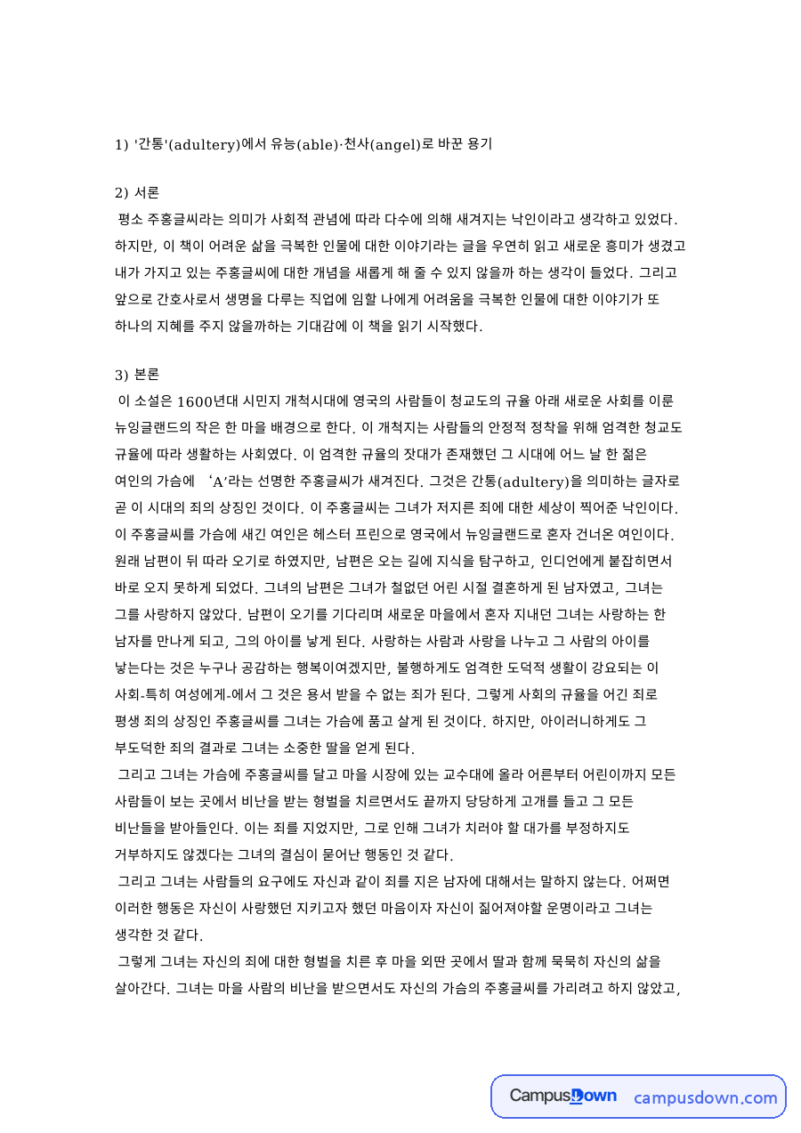 주홍글씨와 목사, 가슴 관련 핵심 내용 요약 정리 자료의 첫 페이지 미리보기