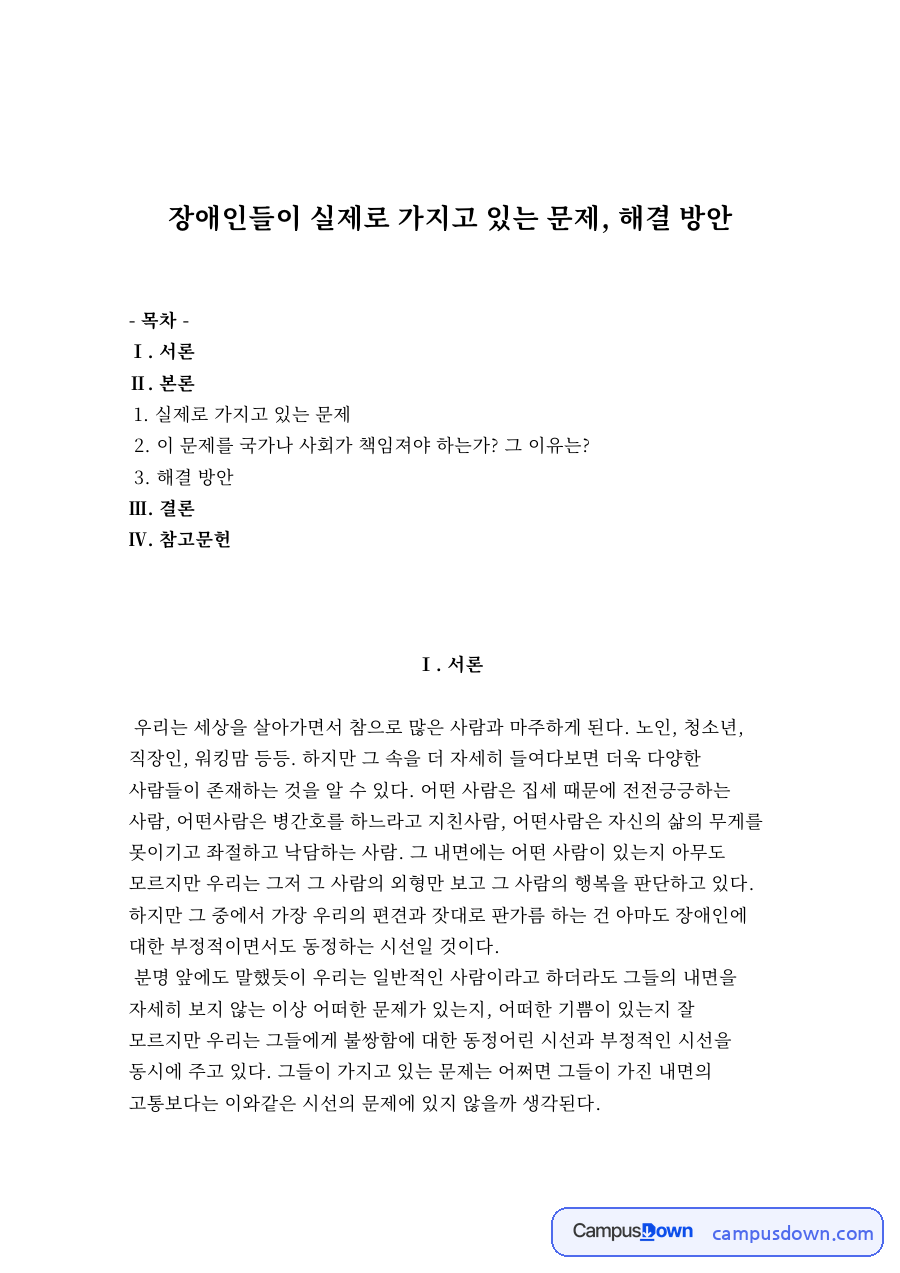 장애인들이 실제로 가지고 있는 문제, 해결 방안 자료의 첫 페이지 미리보기