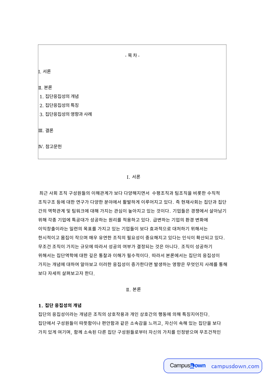 집단응집력 개념과 증가 감소 요인, 응집성의 영향 자료의 첫 페이지 미리보기