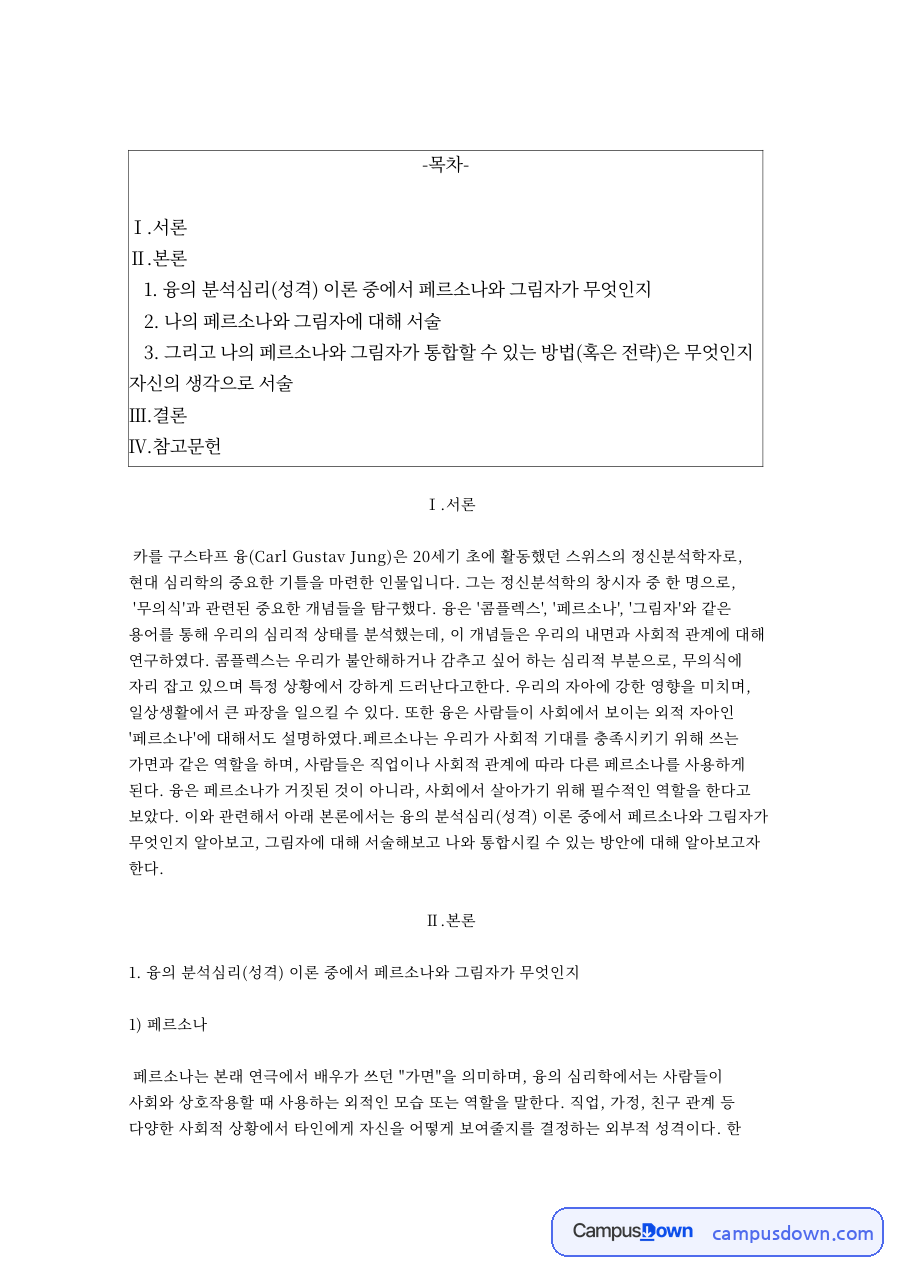 융의 분석심리(성격) 이론 중에서 페르소나와 그림자가 무엇인지 자료의 첫 페이지 미리보기