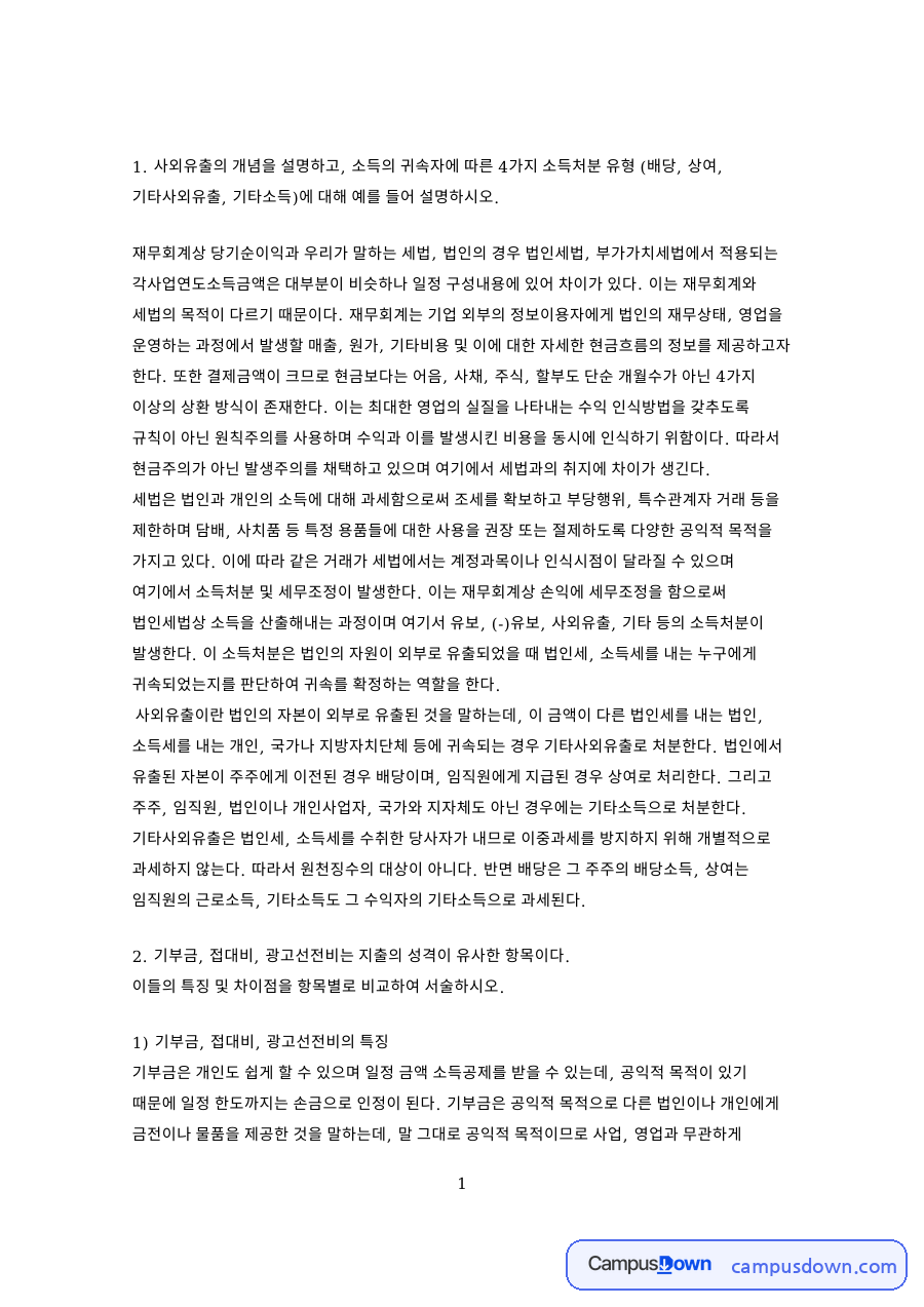 법인세법 과제 - 소득처분 유형과 기부금·접대비·광고선전비 비교 자료의 첫 페이지 미리보기