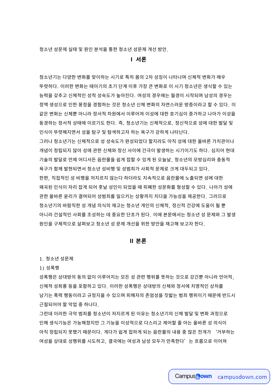 청소년 성문제 실태 및 원인 분석을 통한 청소년 성문제 개선 방안 자료의 첫 페이지 미리보기