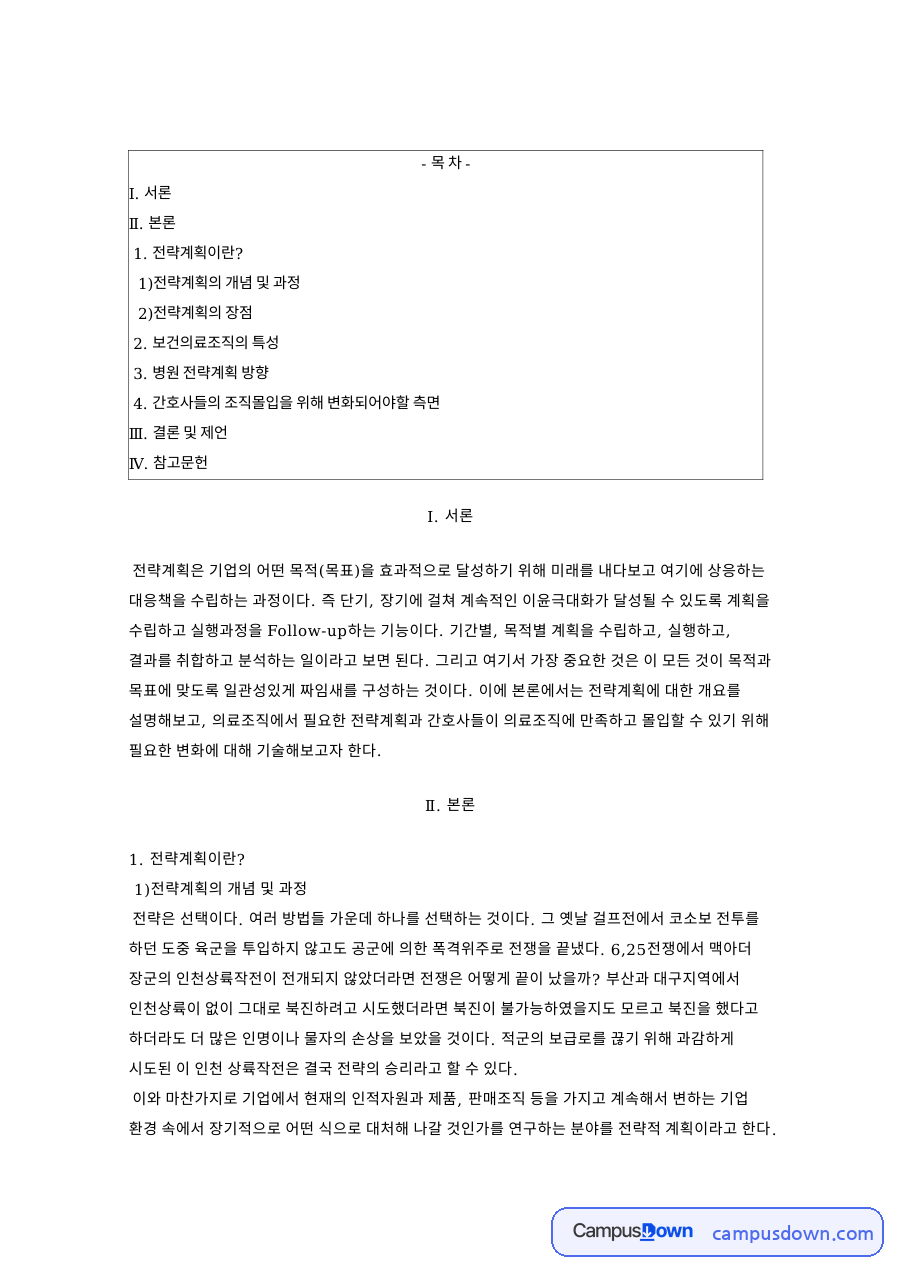 병원 조직도 전략계획과 간호사 역할, 보건의료조직 분석 자료의 첫 페이지 미리보기