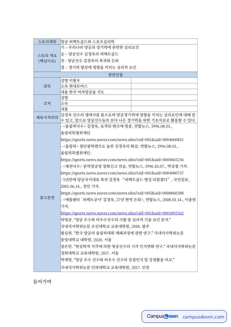 양궁선수 김경욱과 퍼펙트골드 자료의 첫 페이지 미리보기