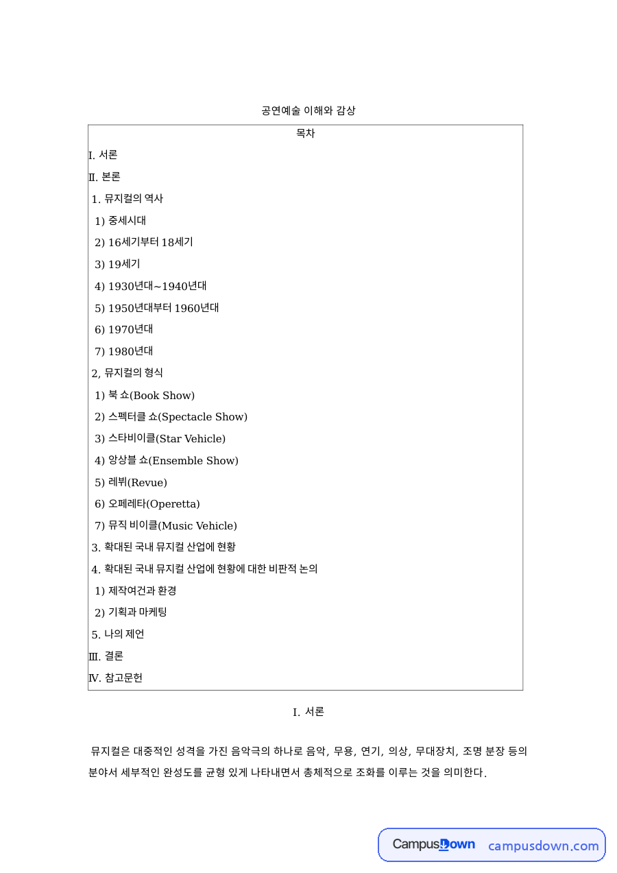 공연예술 이해와 감상, 뮤지컬 형식 일곱 가지와 한국 뮤지컬 자료의 첫 페이지 미리보기