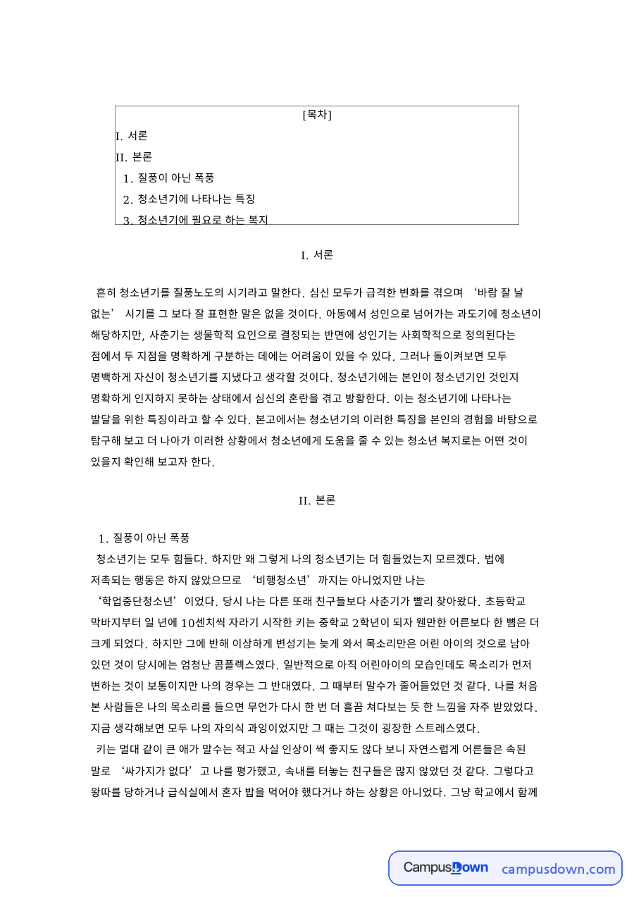 청소년기에 나타나는 특징과 질풍이 아닌 폭풍과 I. 서론 자료의 첫 페이지 미리보기