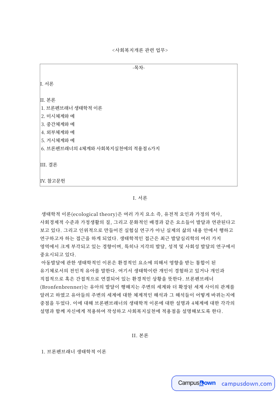 사회복지개론 관련 업무와 브론펜브래너 생태학적 이론 자료의 첫 페이지 미리보기