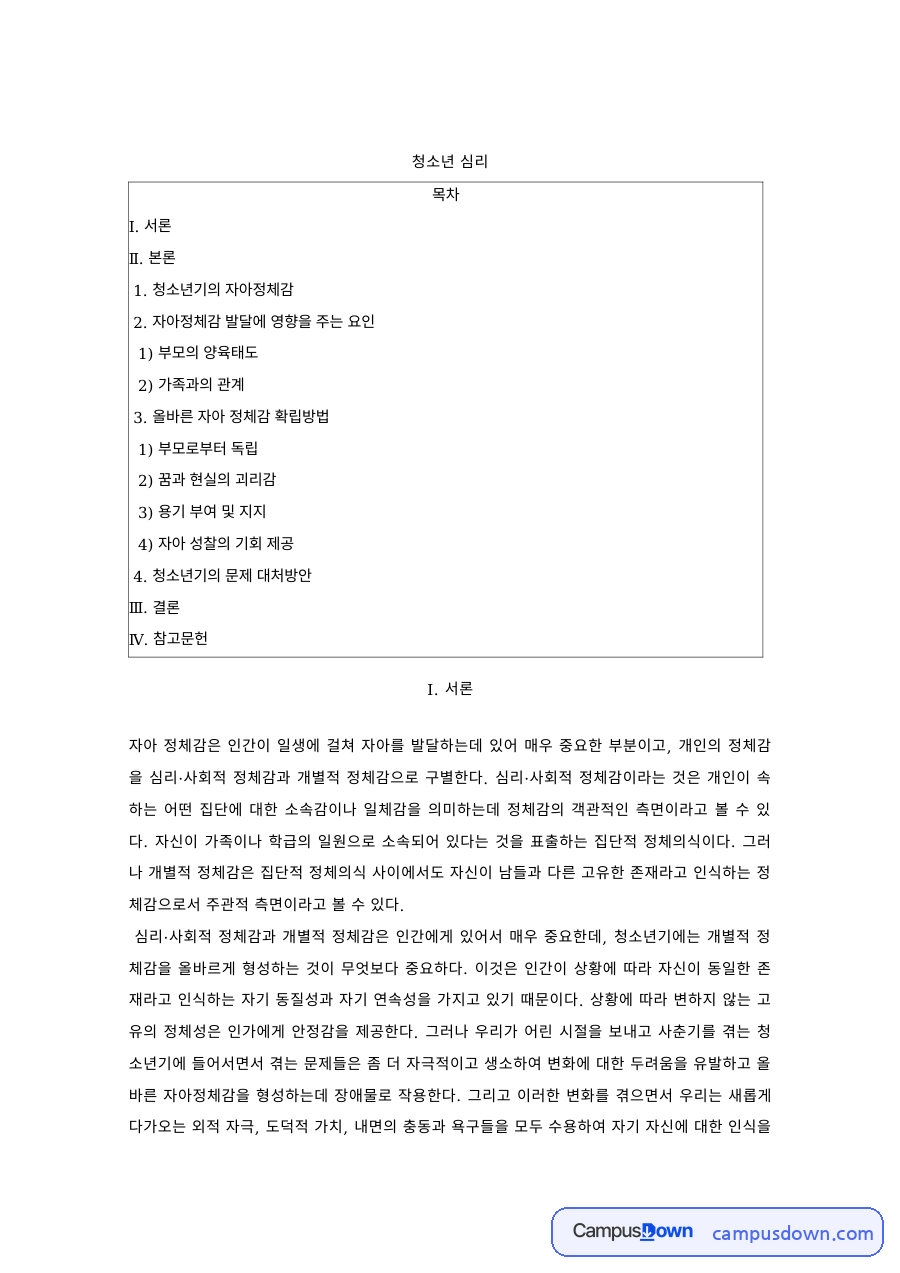 청소년심리 과제 – 청소년기 자아정체감 발달 요인과 확립 방법 자료의 첫 페이지 미리보기