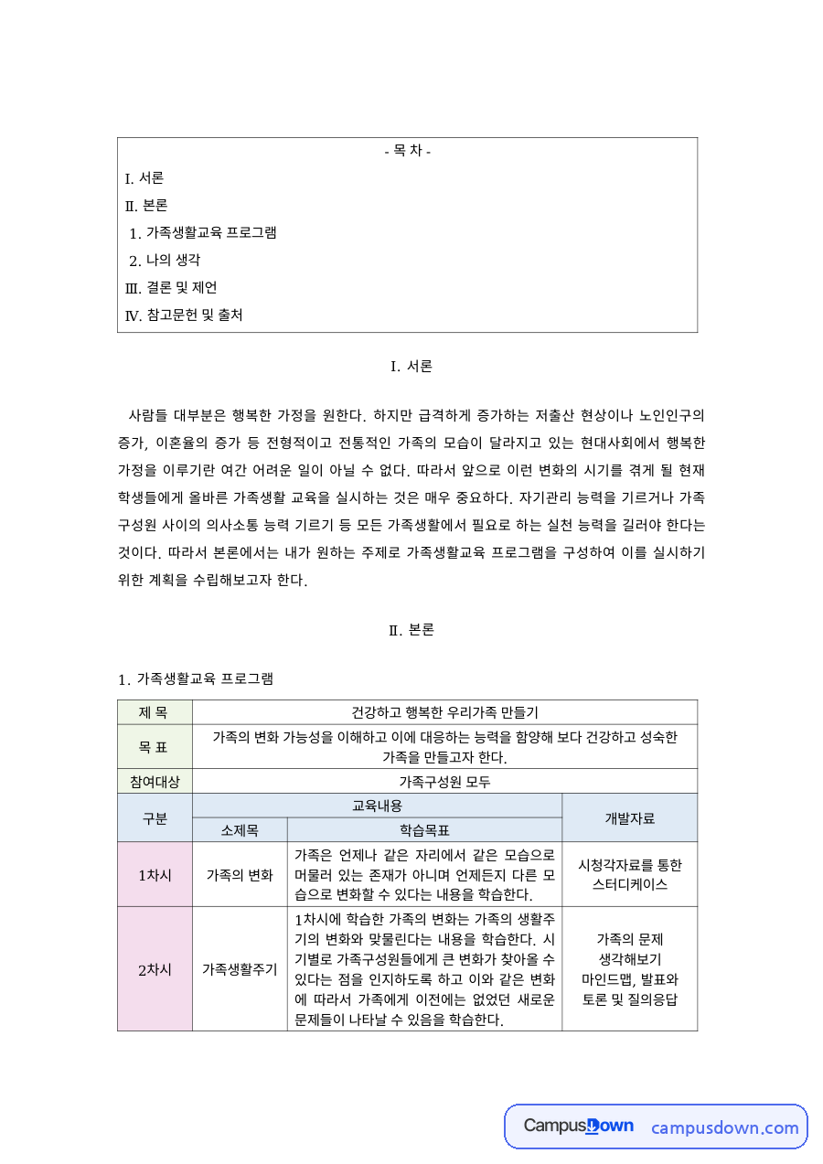 가족생활교육 과제 – 가족생활교육 프로그램 분석과 의견 자료의 첫 페이지 미리보기