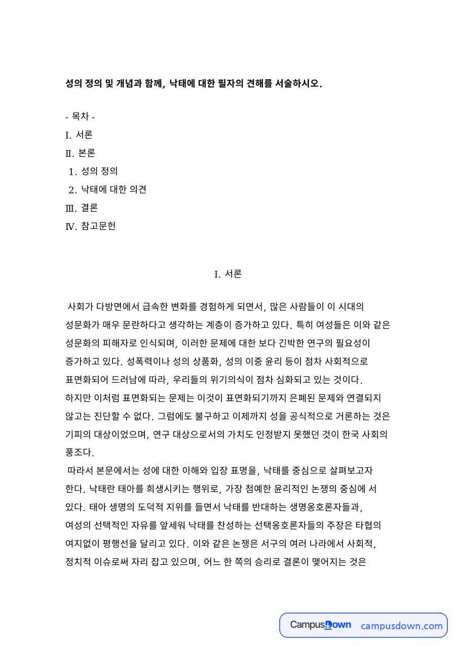 낙태에 대한 의견 자료의 첫 페이지 미리보기