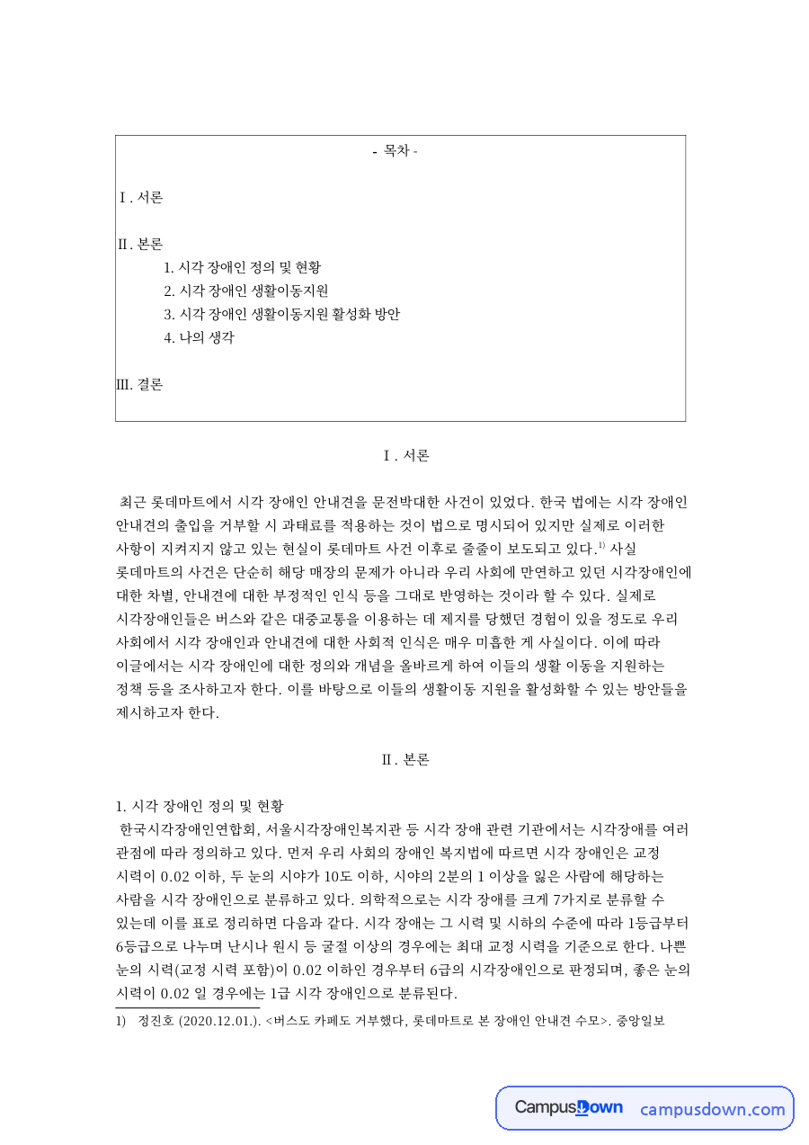 시각장애인 생활이동지원 현황과 활성화 방안 안내견 사건 분석 자료의 첫 페이지 미리보기