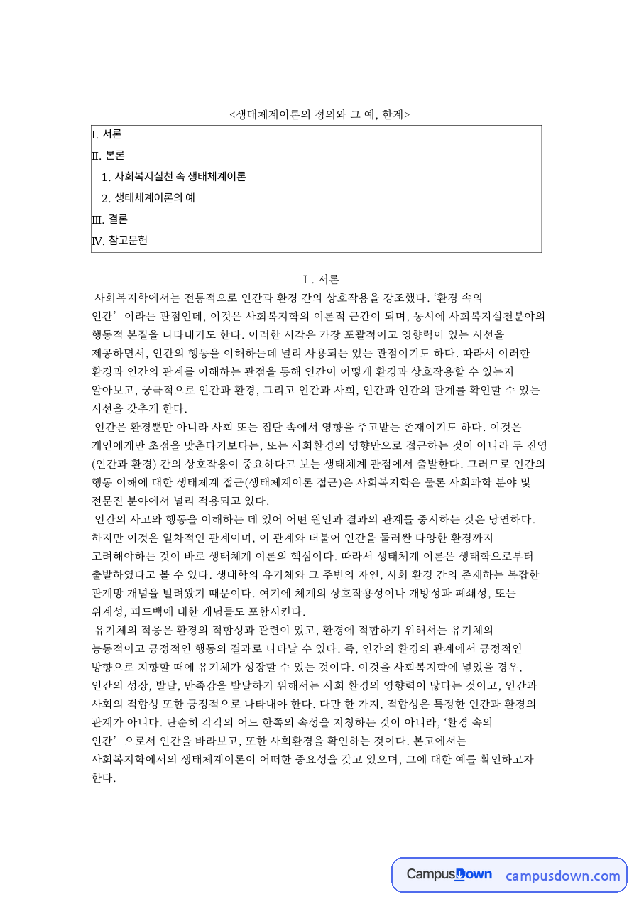 사회복지실천 속 생태체계이론 자료의 첫 페이지 미리보기