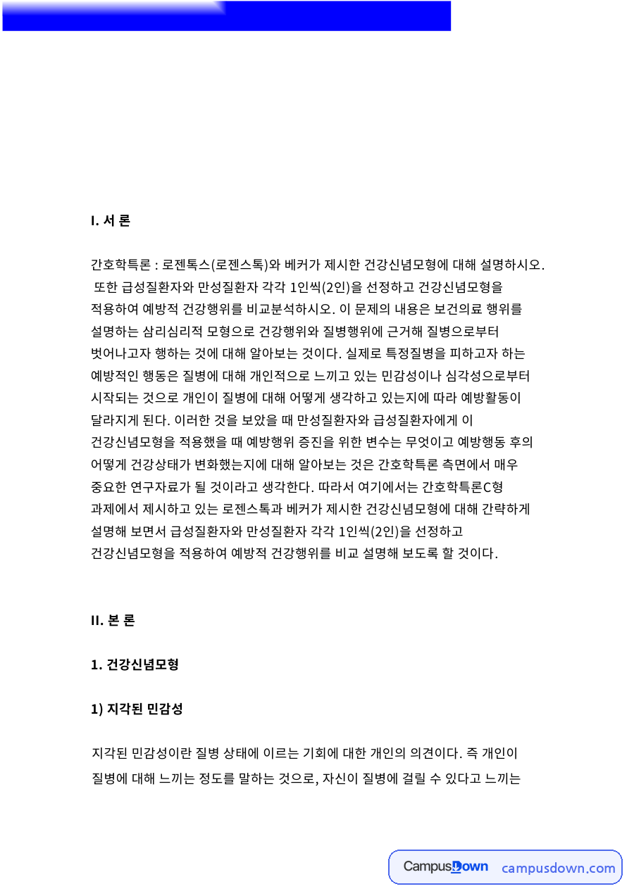 건강신념모형과 급성질환자, 질병 관련 핵심 내용 요약 정리 자료의 첫 페이지 미리보기