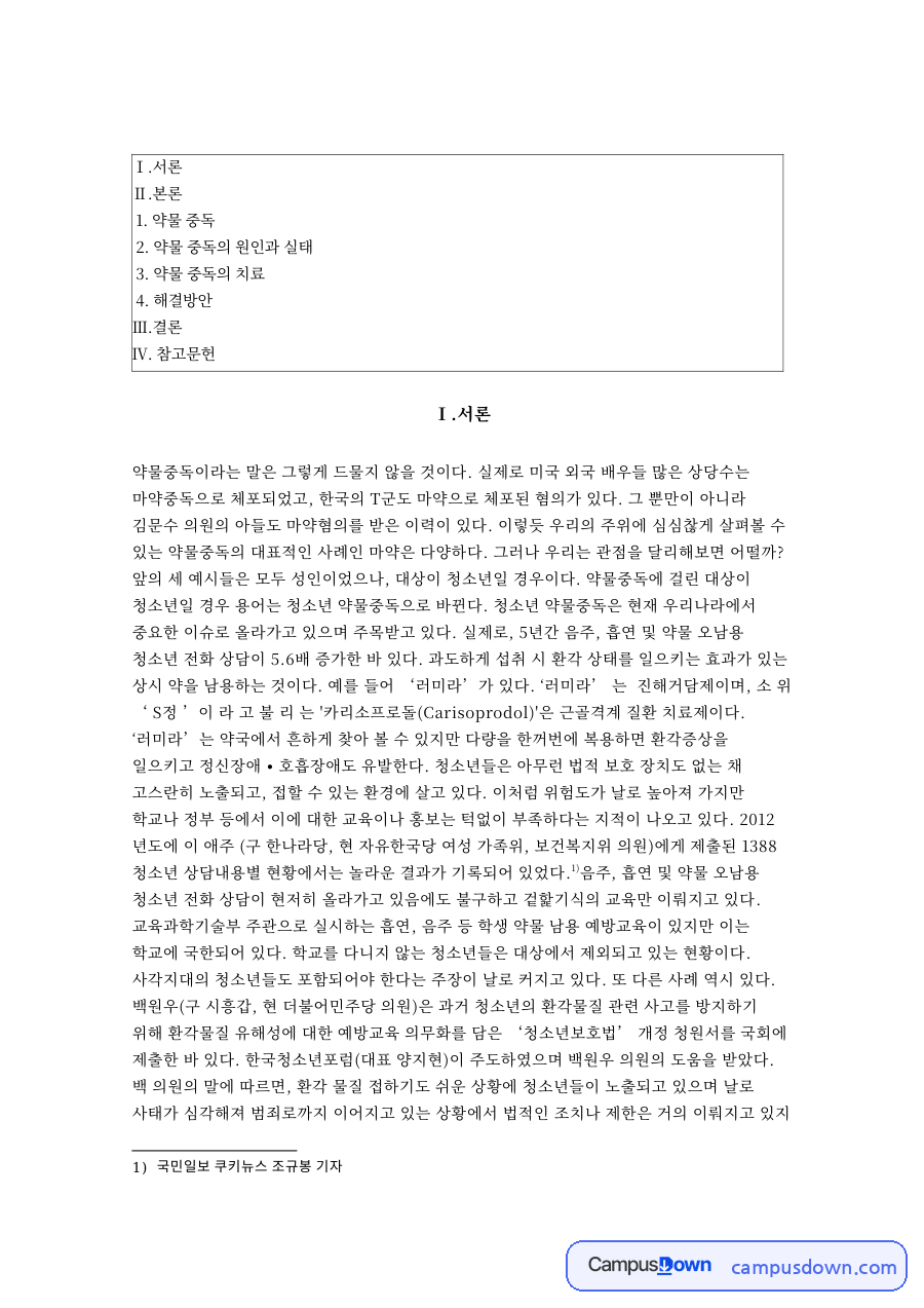 약물 중독의 원인과 실태 자료의 첫 페이지 미리보기