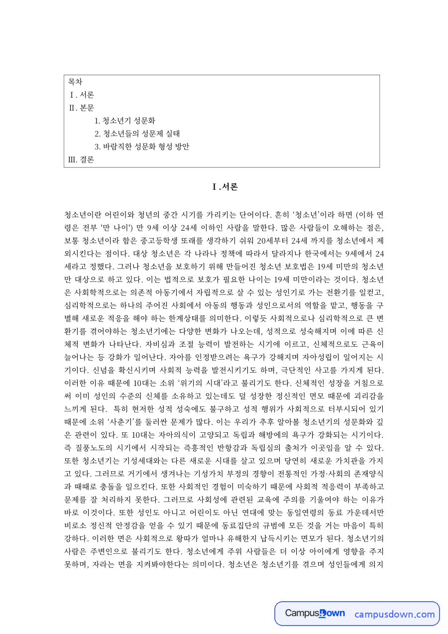 청소년복지 과제 – 청소년 성문화와 성문제 실태 자료의 첫 페이지 미리보기