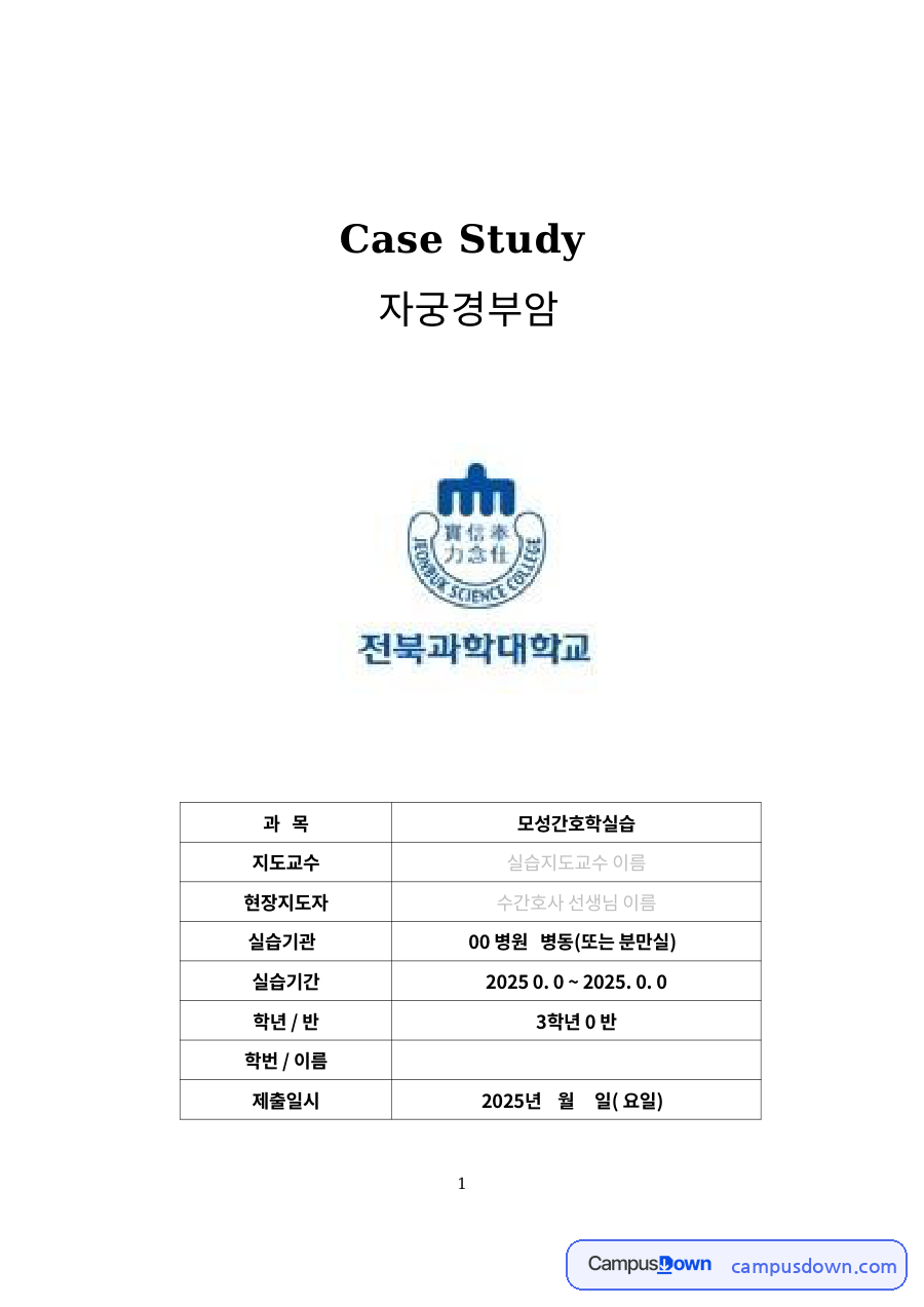 자궁경부암 환자 케이스 스터디 – 병기별 증상과 간호진단 자료의 첫 페이지 미리보기