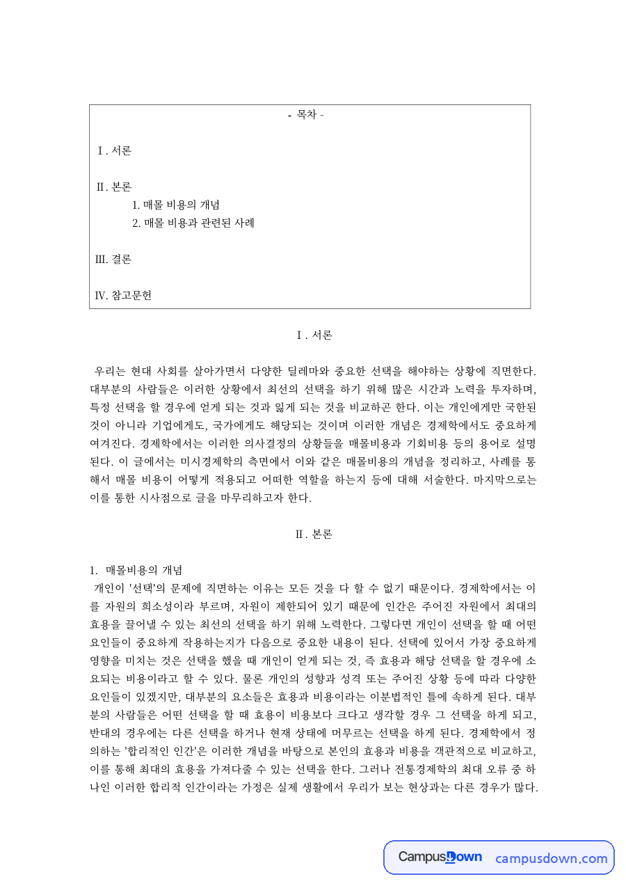 매몰비용의 개념과 관련 사례 자료의 첫 페이지 미리보기