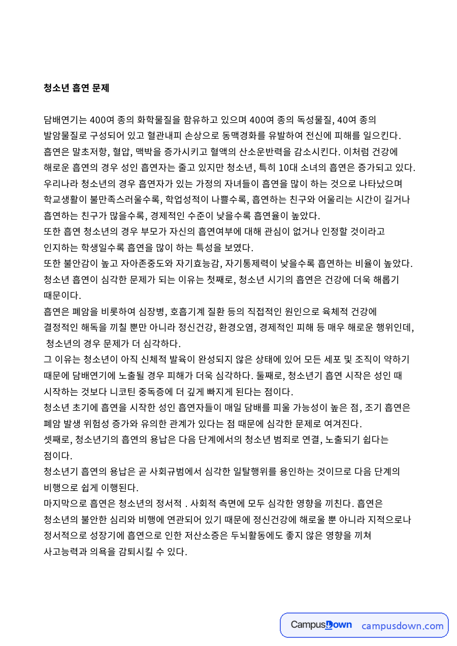 청소년 흡연 문제 자료의 첫 페이지 미리보기
