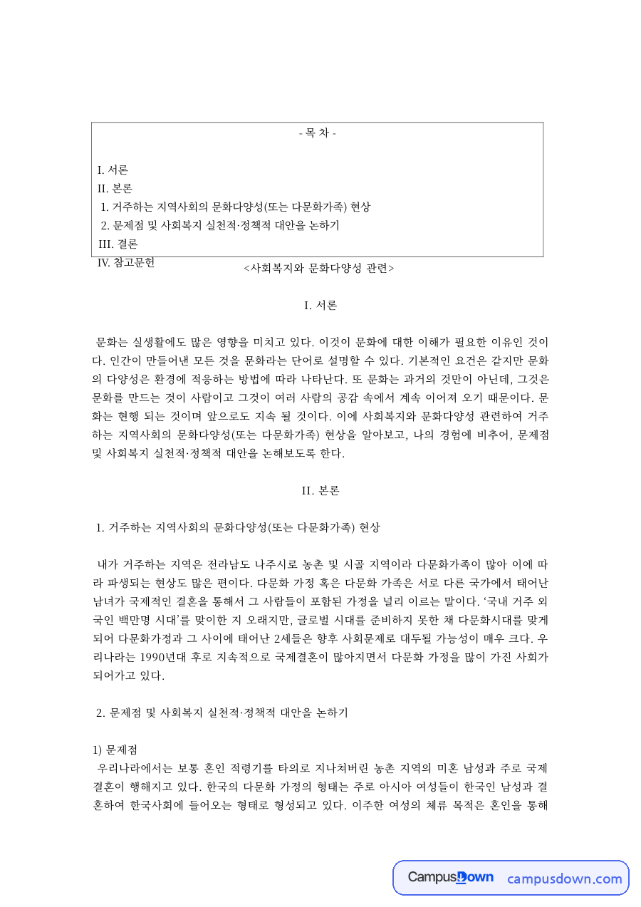 사회복지와문화다양성 과제 – 다문화 문제점과 실천적·정책적 대안 자료의 첫 페이지 미리보기