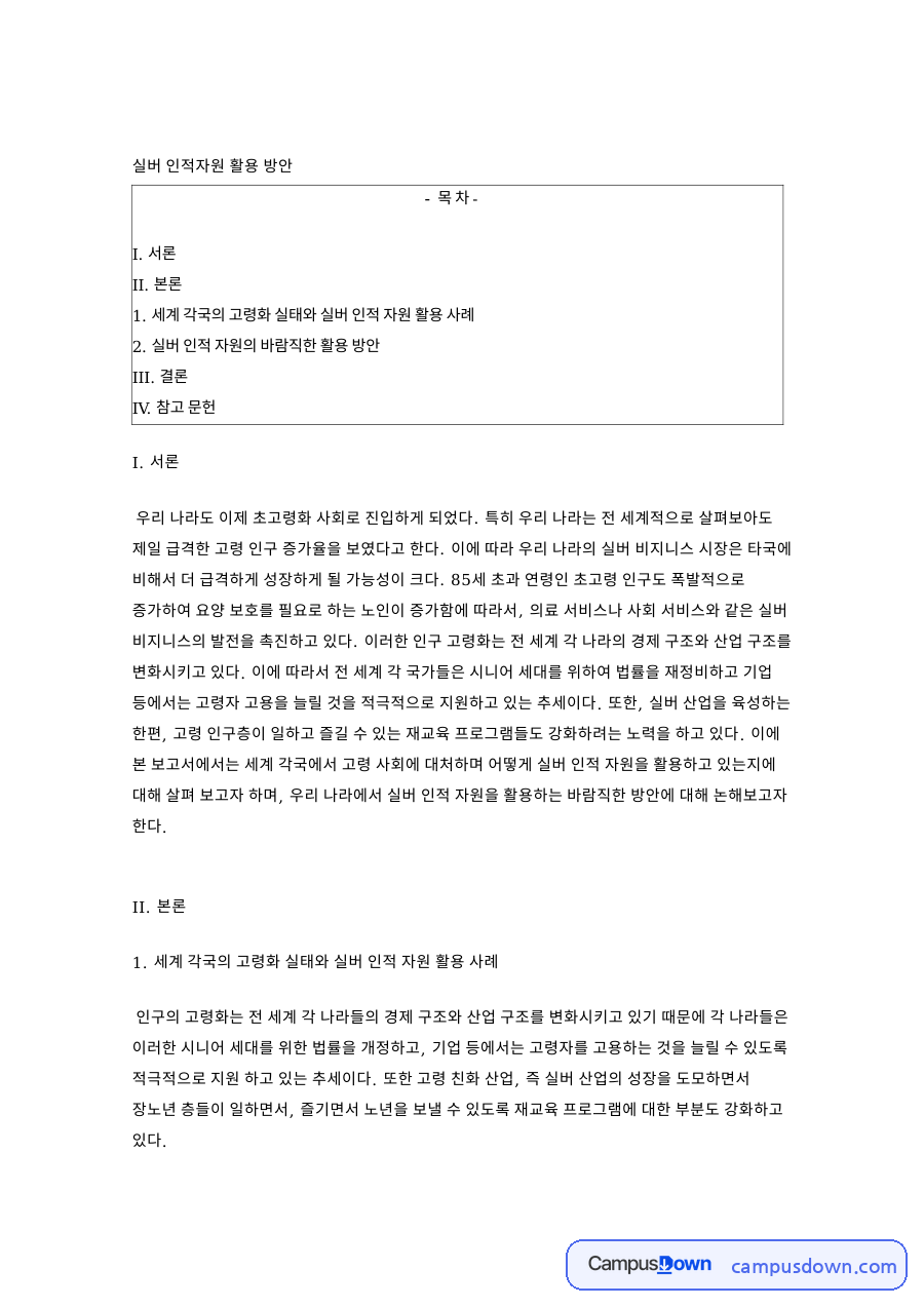 실버 인적자원 활용 방안 자료의 첫 페이지 미리보기