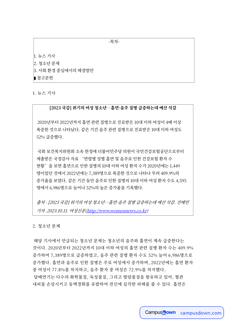 뉴스 기사와 청소년 문제 자료의 첫 페이지 미리보기