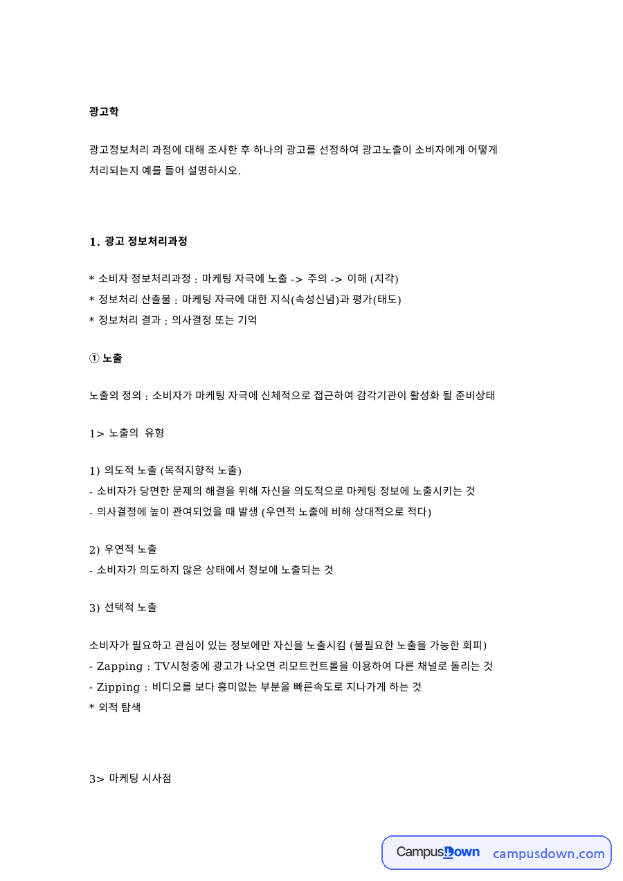 광고정보처리 과정과 광고노출 효과 – 광고 한 편 분석 자료의 첫 페이지 미리보기