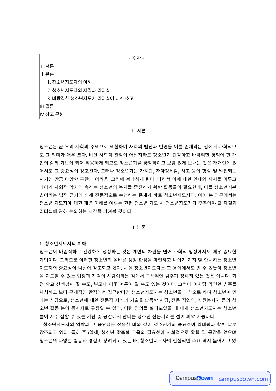 청소년지도자의 이해와 자질·리더십 자료의 첫 페이지 미리보기