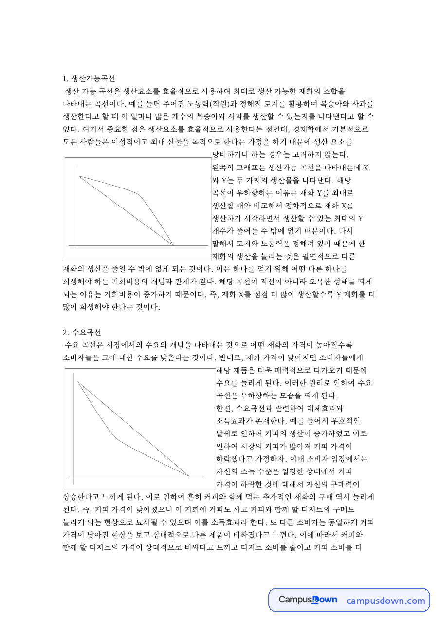 기회비용과 생산가능곡선, 수요곡선 소득효과 대체효과 정리 자료의 첫 페이지 미리보기