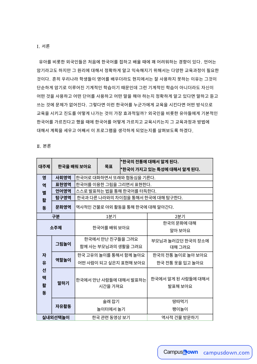 외국인 대상 한국어 교육 프로그램 계획표 작성 자료의 첫 페이지 미리보기