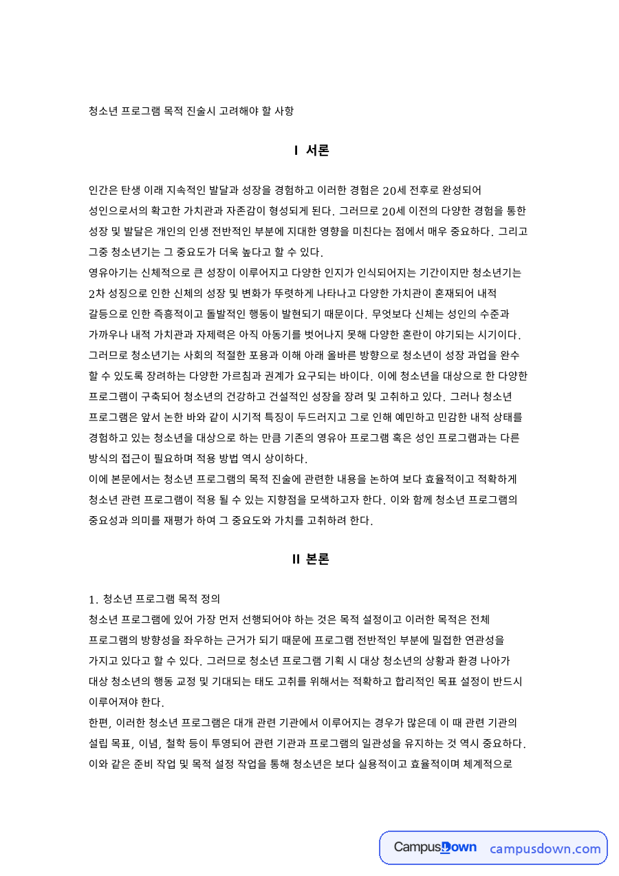 청소년 프로그램 목적 진술시 고려해야 할 사항 자료의 첫 페이지 미리보기