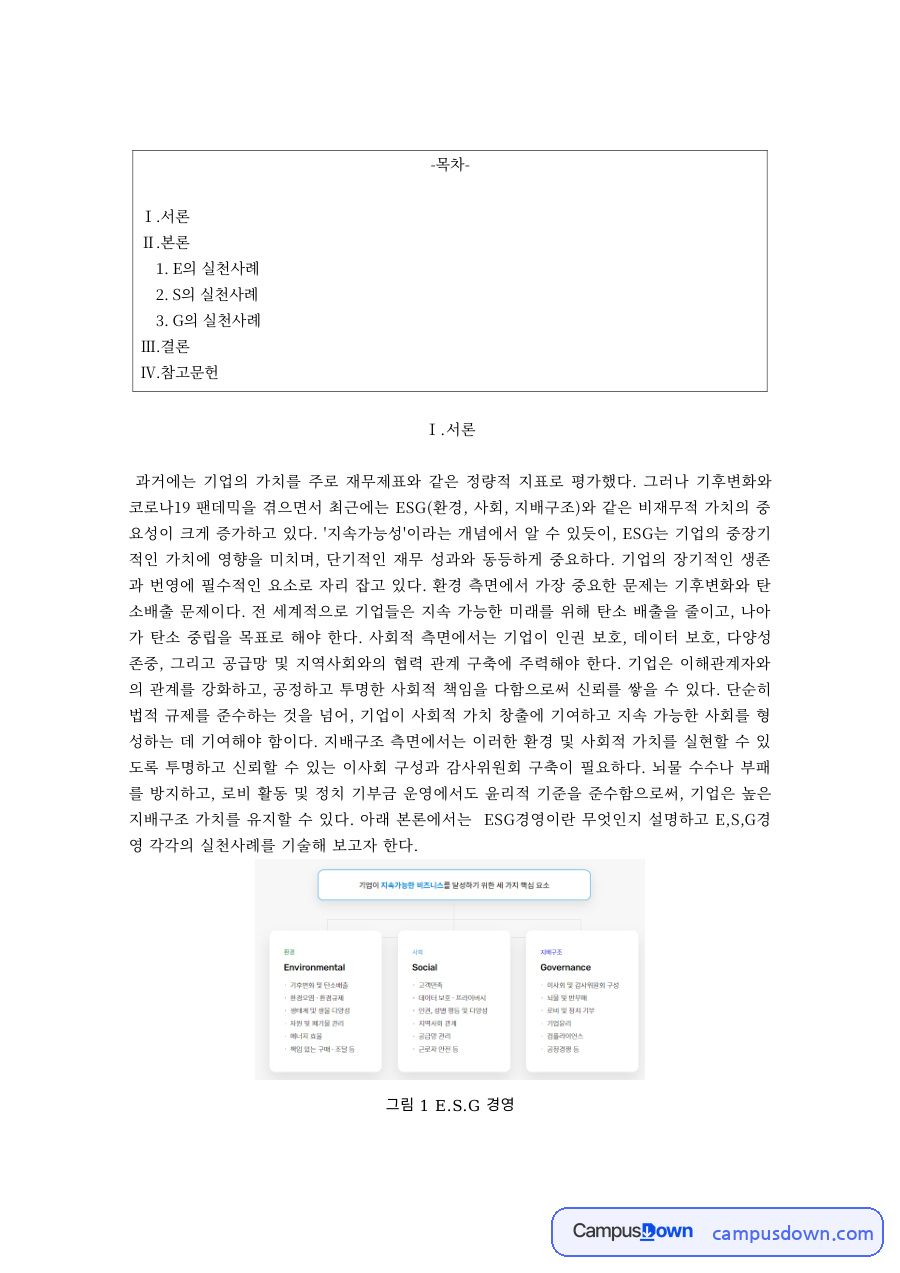 ESG 경영의 환경·사회·지배구조 실천사례 자료의 첫 페이지 미리보기