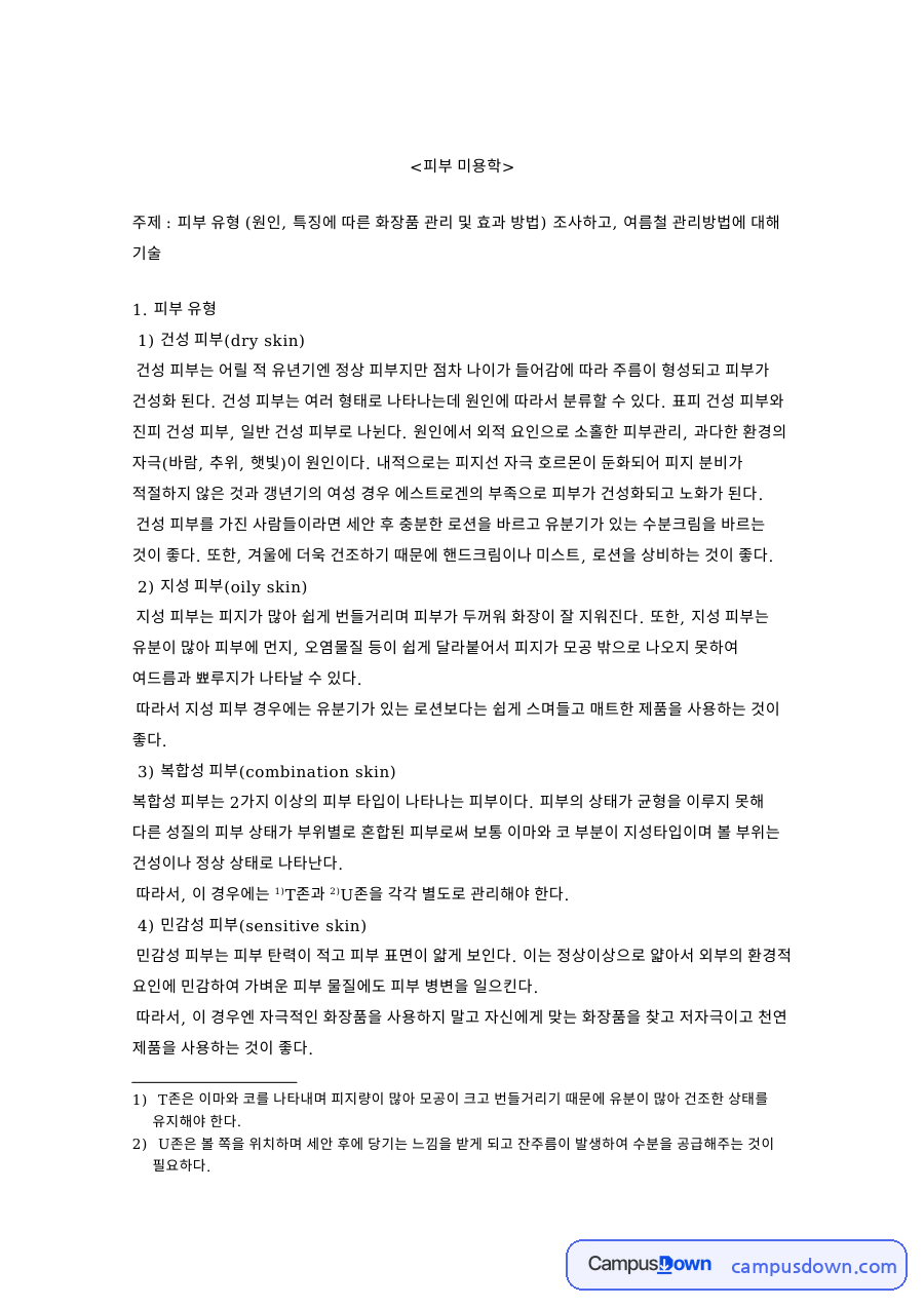 피부와 건성, 자외선 관련 핵심 내용 요약 정리 자료의 첫 페이지 미리보기
