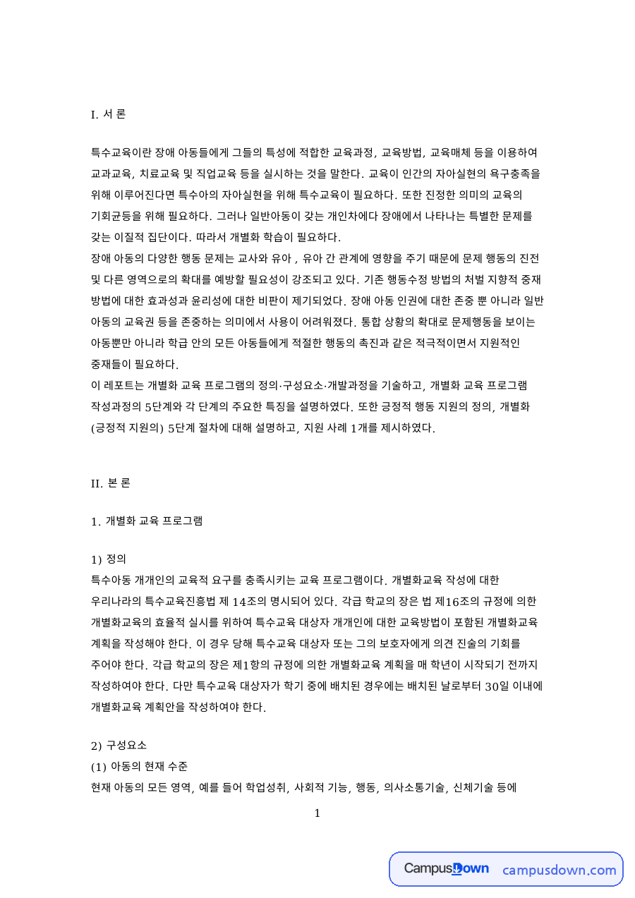 개별화 교육 프로그램: 문제행동·아동 중심 핵심 내용 정리 자료의 첫 페이지 미리보기