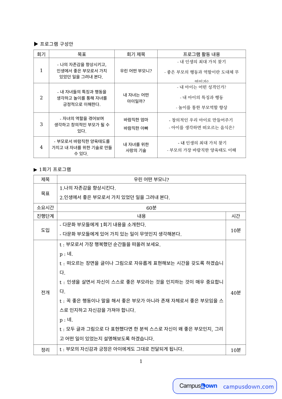 가족상담 과제 – 부모 자존감 향상 집단 프로그램 구성안 자료의 첫 페이지 미리보기