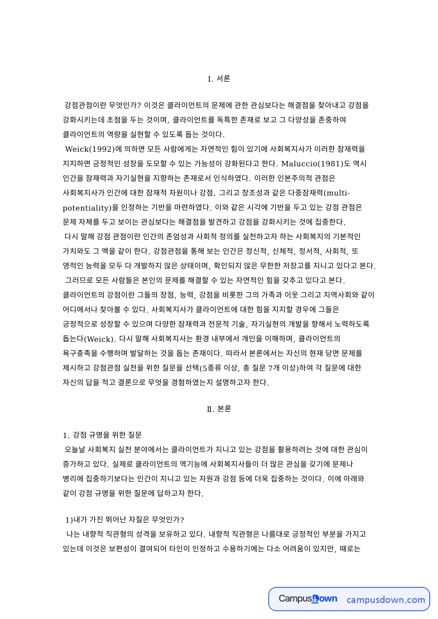 강점 규명을 위한 질문 핵심 개념과 주요 내용 정리 자료의 첫 페이지 미리보기