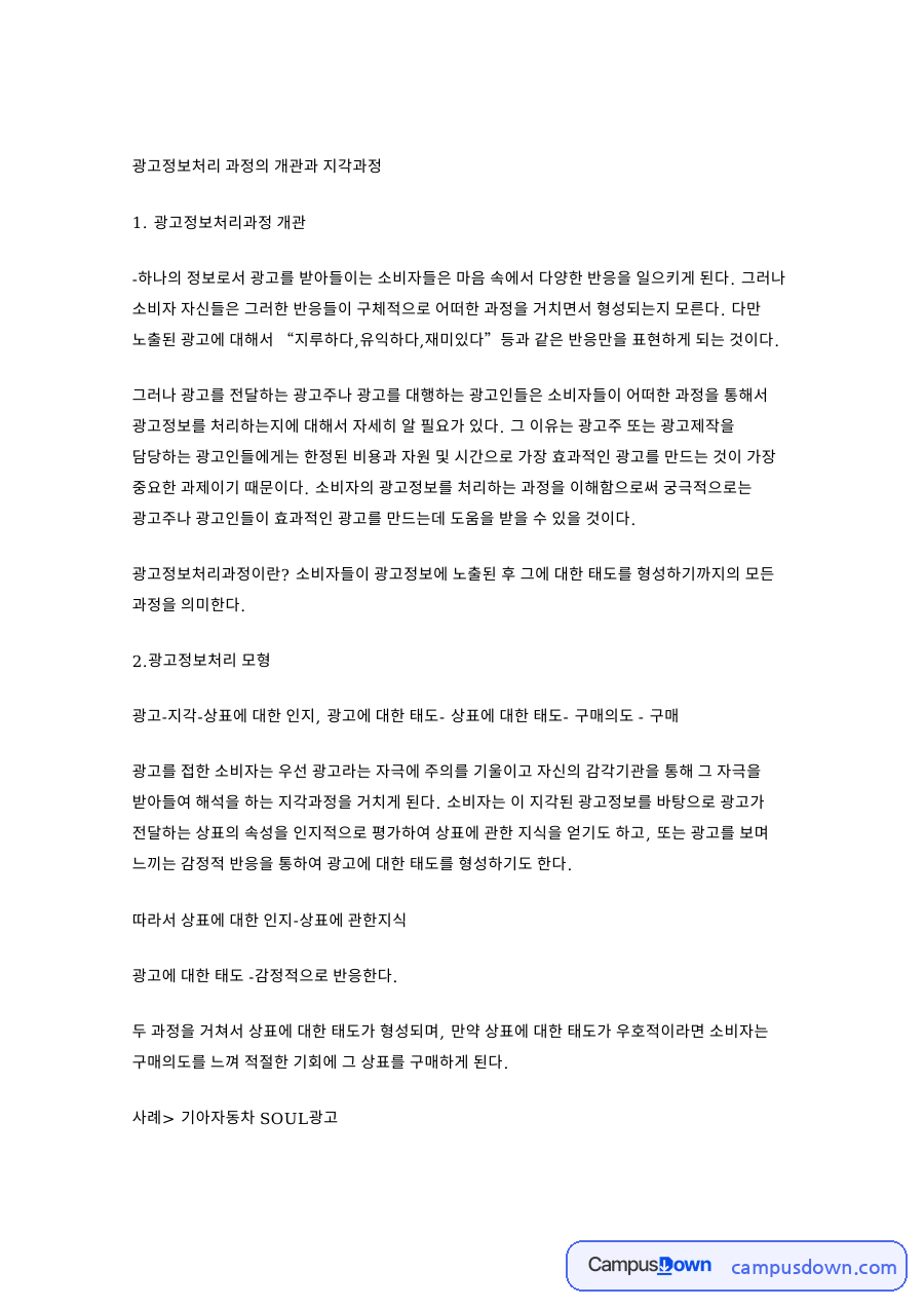 광고정보처리 과정과 지각과정 광고 노출 후 소비자 처리 분석 자료의 첫 페이지 미리보기