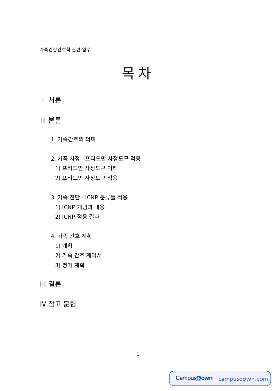 가족간호의 의미: 프리드만·사정도구 중심 핵심 내용 정리 자료의 첫 페이지 미리보기