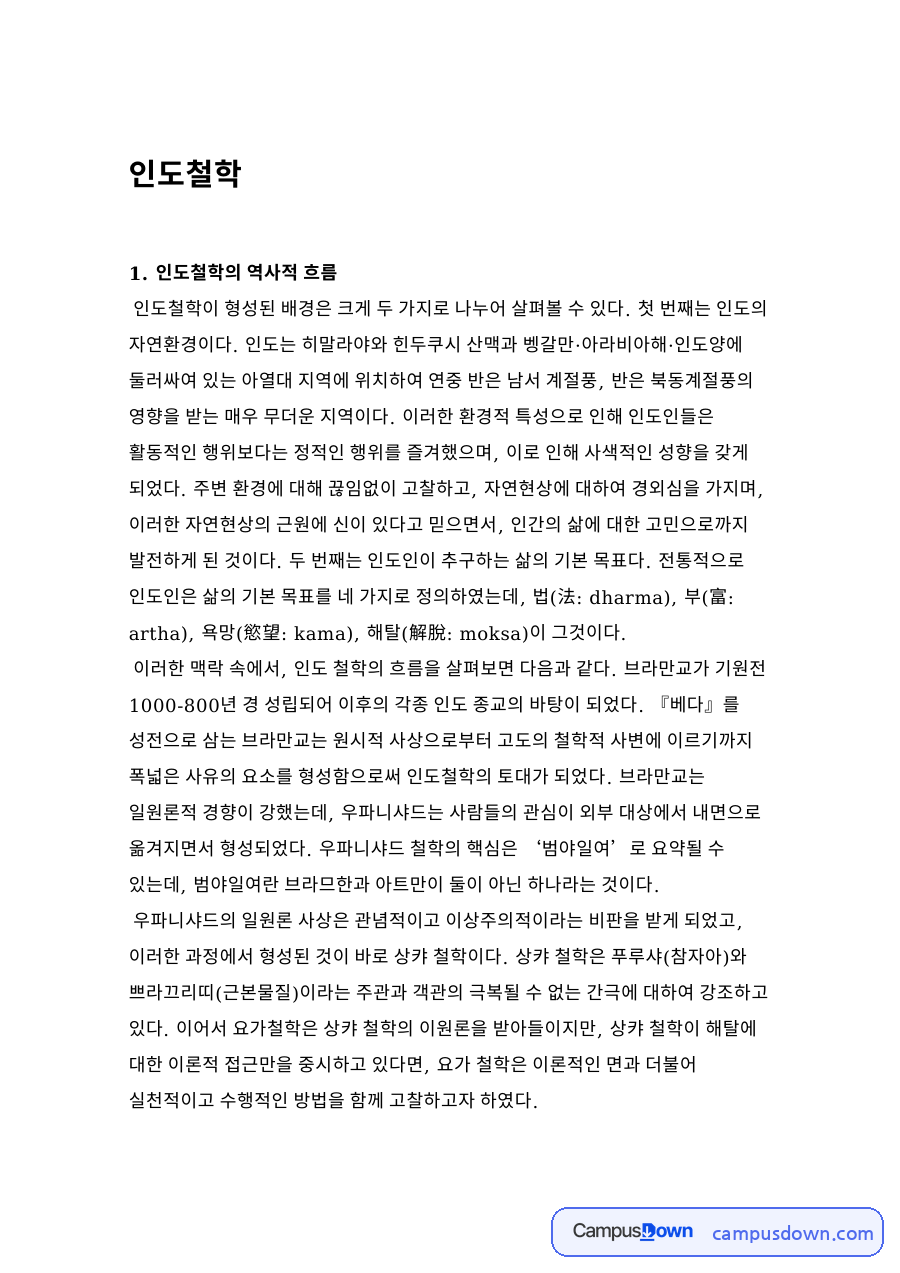 인도철학의 역사적 흐름 자료의 첫 페이지 미리보기