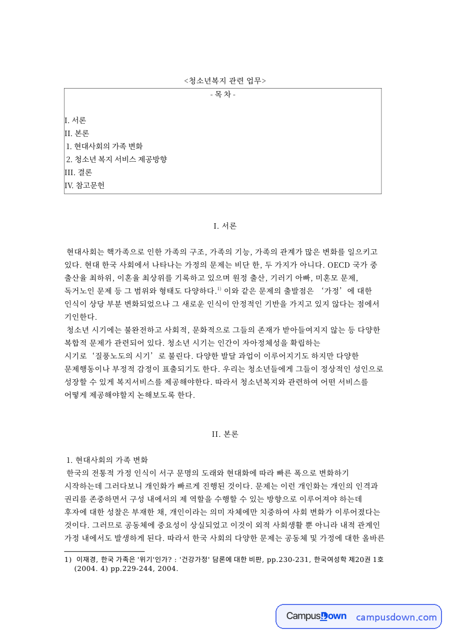 청소년복지 관련 업무와 청소년 복지 서비스 제공방향 자료의 첫 페이지 미리보기