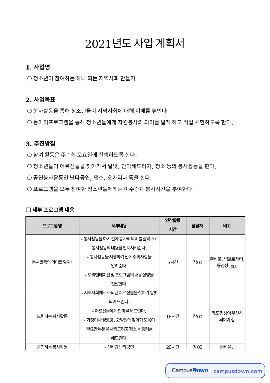 2021년도 사업 계획서 핵심 개념과 주요 내용 정리 자료의 첫 페이지 미리보기